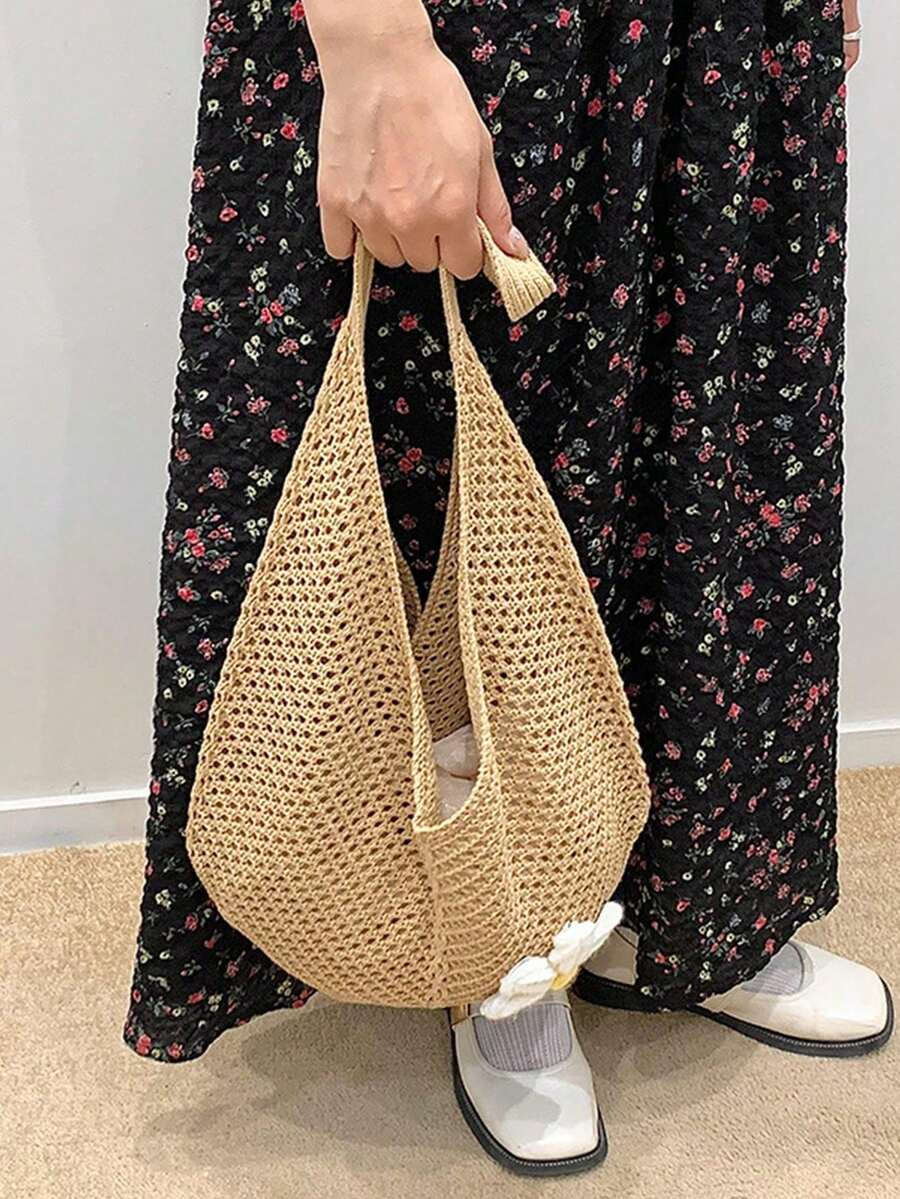 Hollow Woven Straw Bag, Bohemian Style Beach Tote Bag, Hollow Tote Bag, Large Capacity Shopping Beach Bag, Fashion Hollow Woven Straw Bag