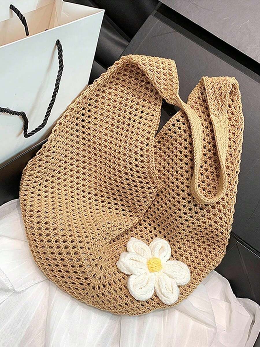 Hollow Woven Straw Bag, Bohemian Style Beach Tote Bag, Hollow Tote Bag, Large Capacity Shopping Beach Bag, Fashion Hollow Woven Straw Bag