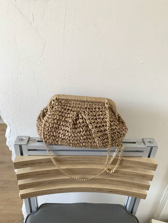 Women's Summer Straw Crossbody Bag, Chain Woven Beach Tote Bag, Handmade Wallet