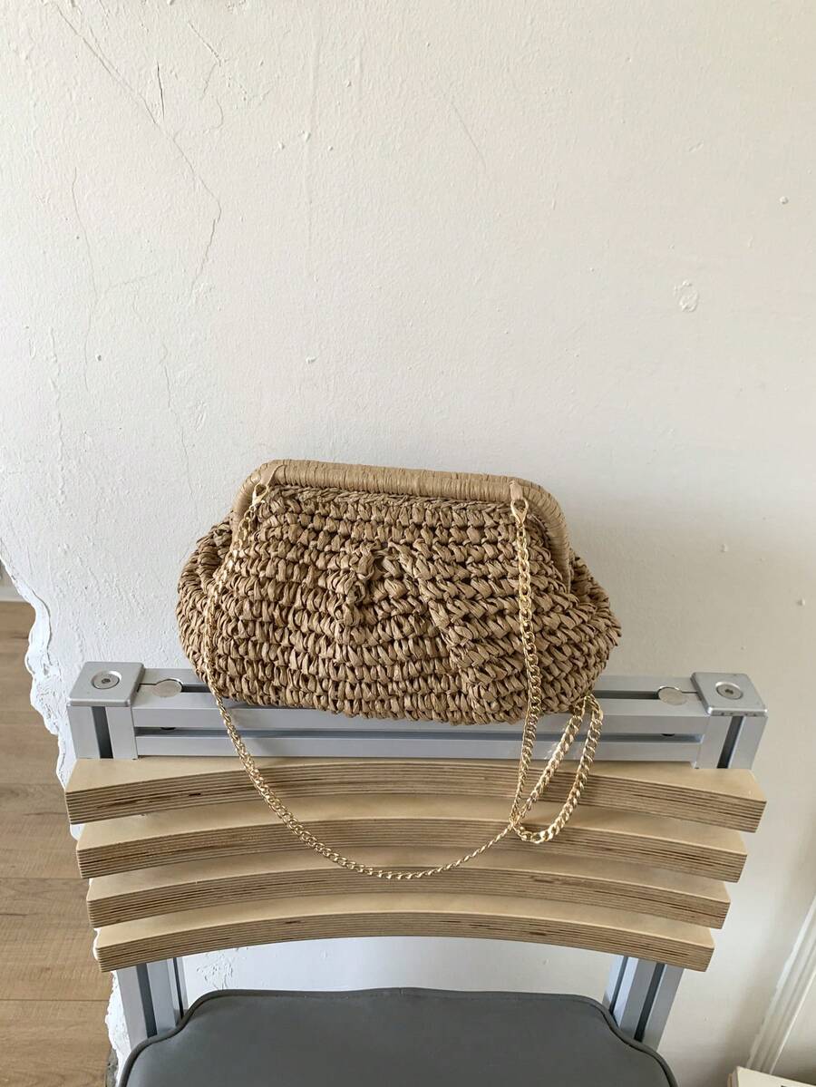 Women's Summer Straw Crossbody Bag, Chain Woven Beach Tote Bag, Handmade Wallet, 1pc Straw Tote Bag, Beach Vacation Bag