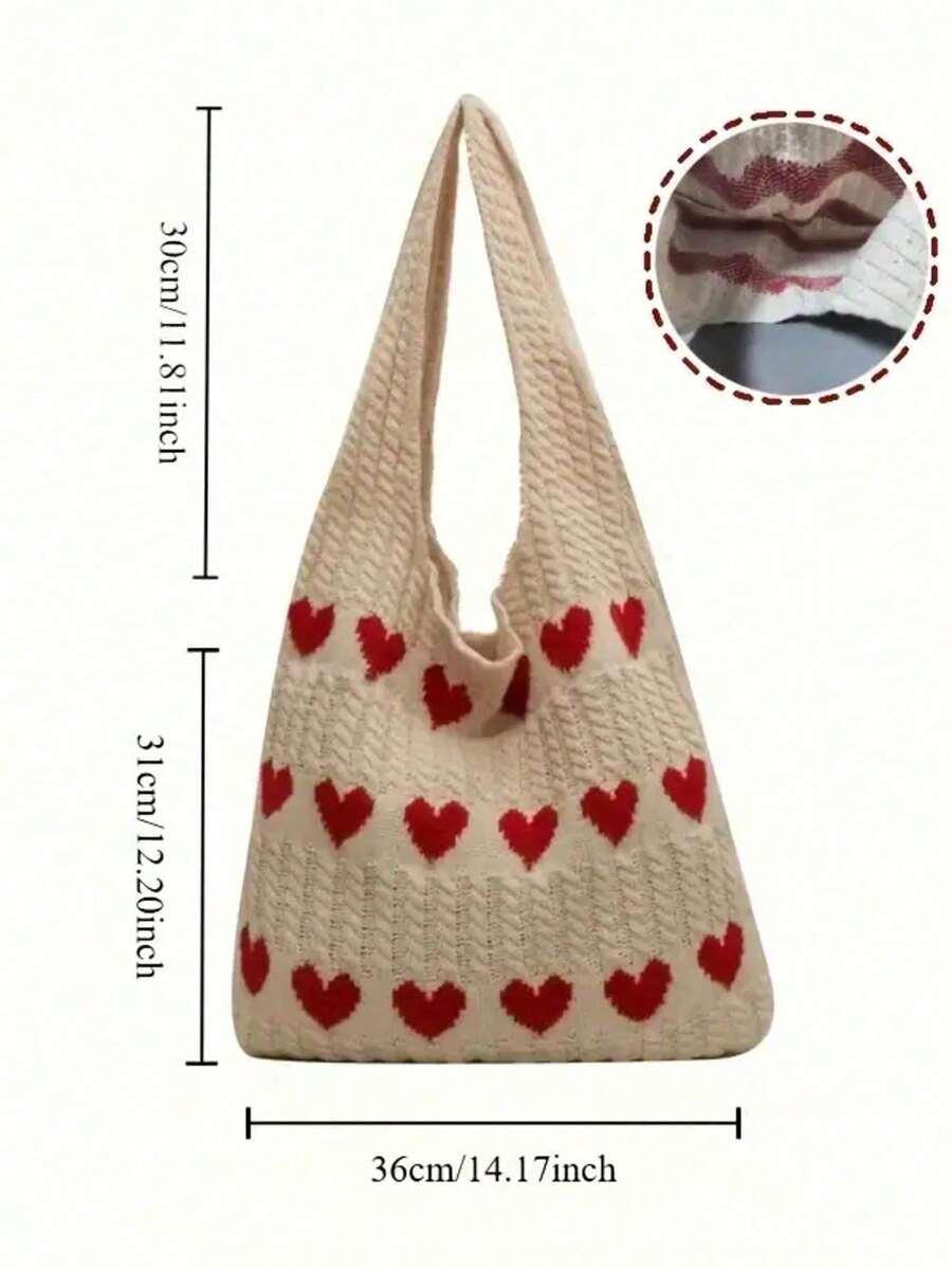 1pc Valentine's Day Large Capacity Red Heart Knitted Handbag- Women's Casual Shoulder Beach Bag, New Knitted Heart-Shaped Handbag- Sweet Style Shoulder Bag, Valentine's Day Gift, Casual Handbag| Cu