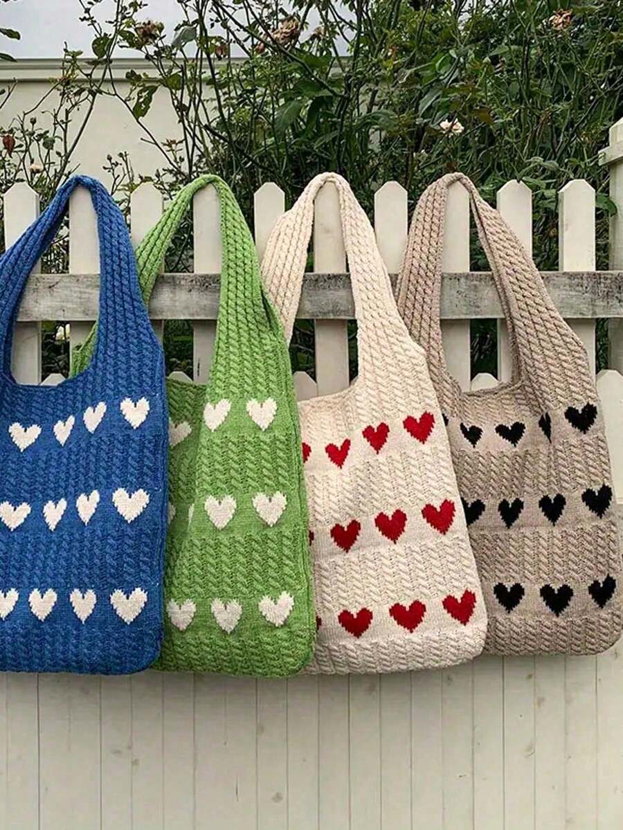 1pc Valentine's Day Large Capacity Red Heart Knitted Handbag- Women's Casual Shoulder Beach Bag, New Knitted Heart-Shaped Handbag- Sweet Style Shoulder Bag, Valentine's Day Gift, Casual Handbag| Cu