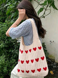 1pc Valentine's Day Large Capacity Red Heart Knitted Handbag- Women's Casual Sho