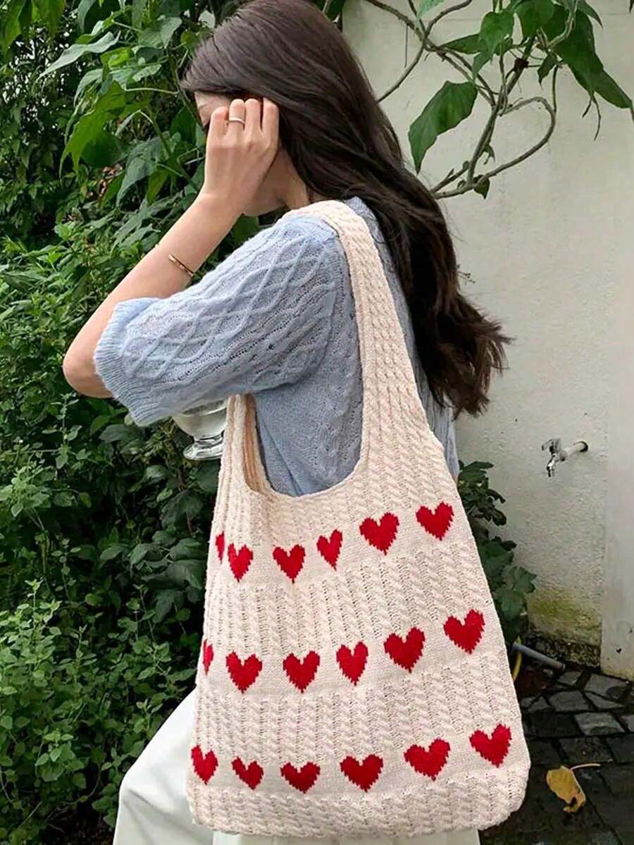 1pc Valentine's Day Large Capacity Red Heart Knitted Handbag- Women's Casual Shoulder Beach Bag, New Knitted Heart-Shaped Handbag- Sweet Style Shoulder Bag, Valentine's Day Gift, Casual Handbag| Cu