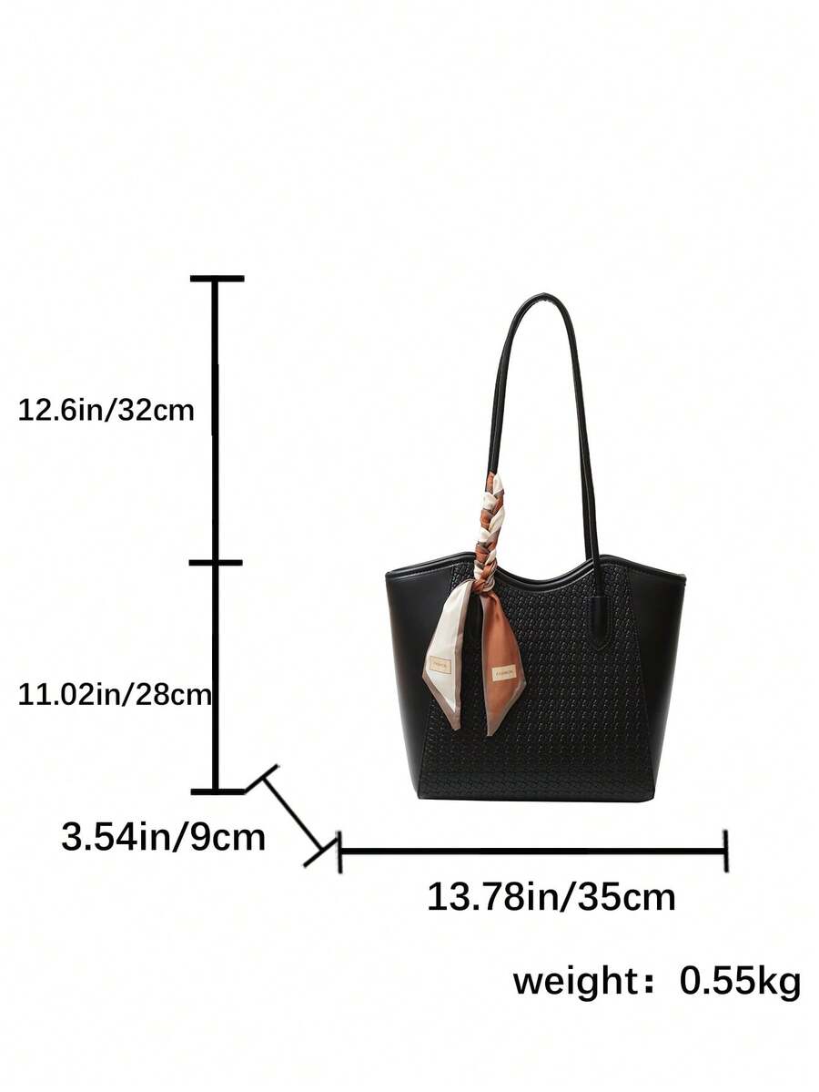 Elegant Tote Bag, Shoulder Bag, Fashionable Crocodile Embossed Charm, Sophisticated Scarf, Business Office, Large Capacity, Coffee Color