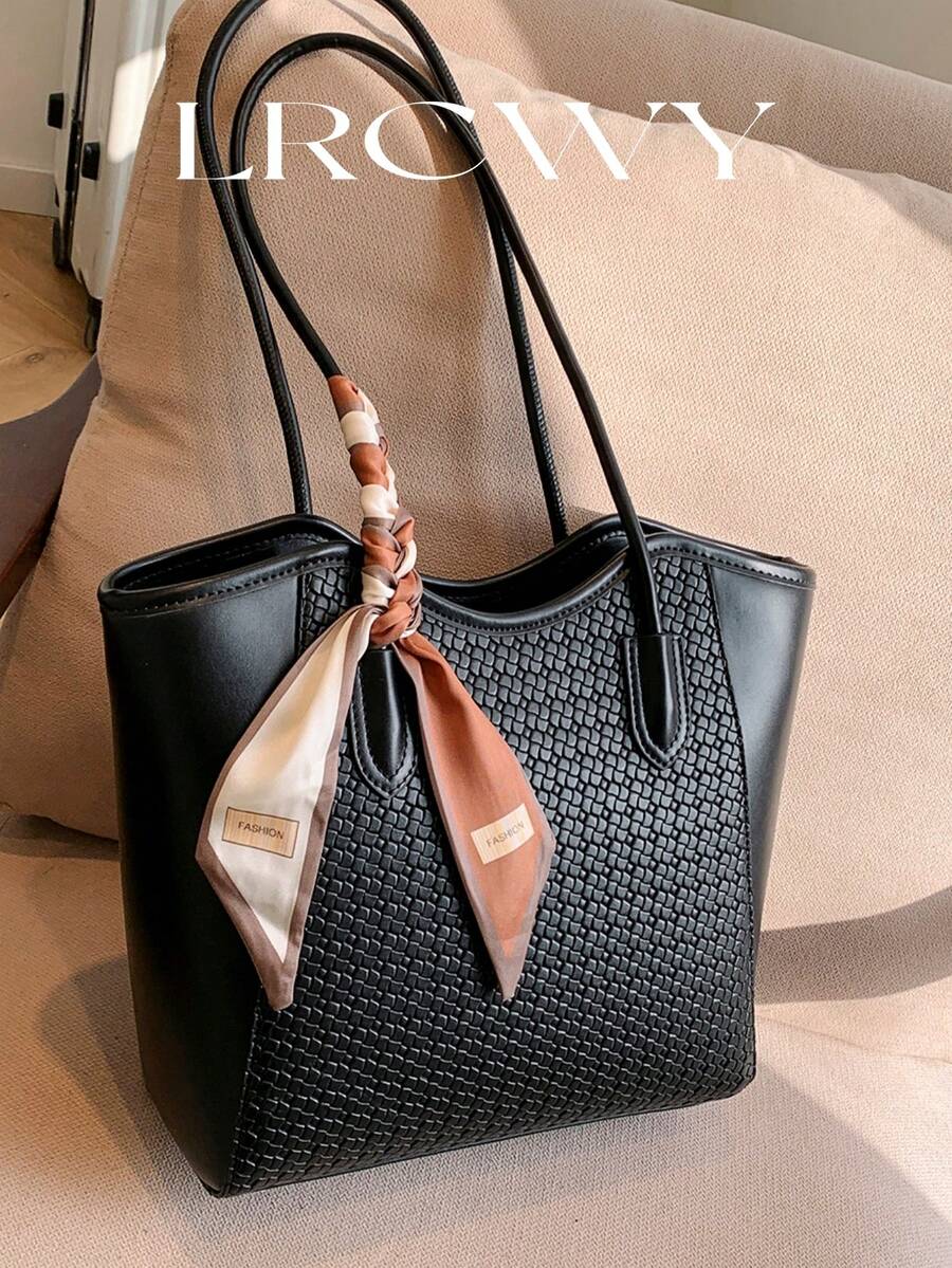 Elegant Tote Bag, Shoulder Bag, Fashionable Crocodile Embossed Charm, Sophisticated Scarf, Business Office, Large Capacity, Coffee Color