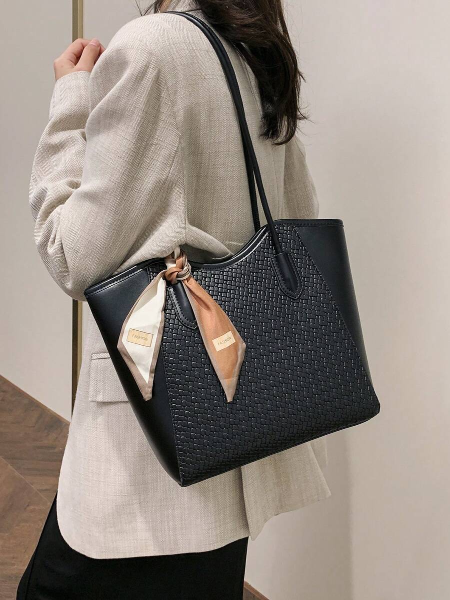 Elegant Tote Bag, Shoulder Bag, Fashionable Crocodile Embossed Charm, Sophisticated Scarf, Business Office, Large Capacity, Coffee Color