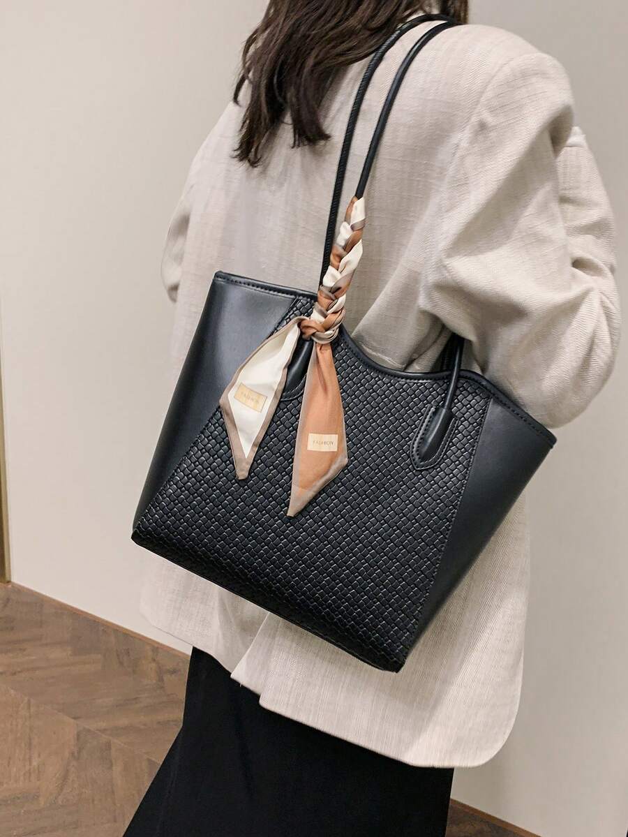 Elegant Tote Bag, Shoulder Bag, Fashionable Crocodile Embossed Charm, Sophisticated Scarf, Business Office, Large Capacity, Coffee Color