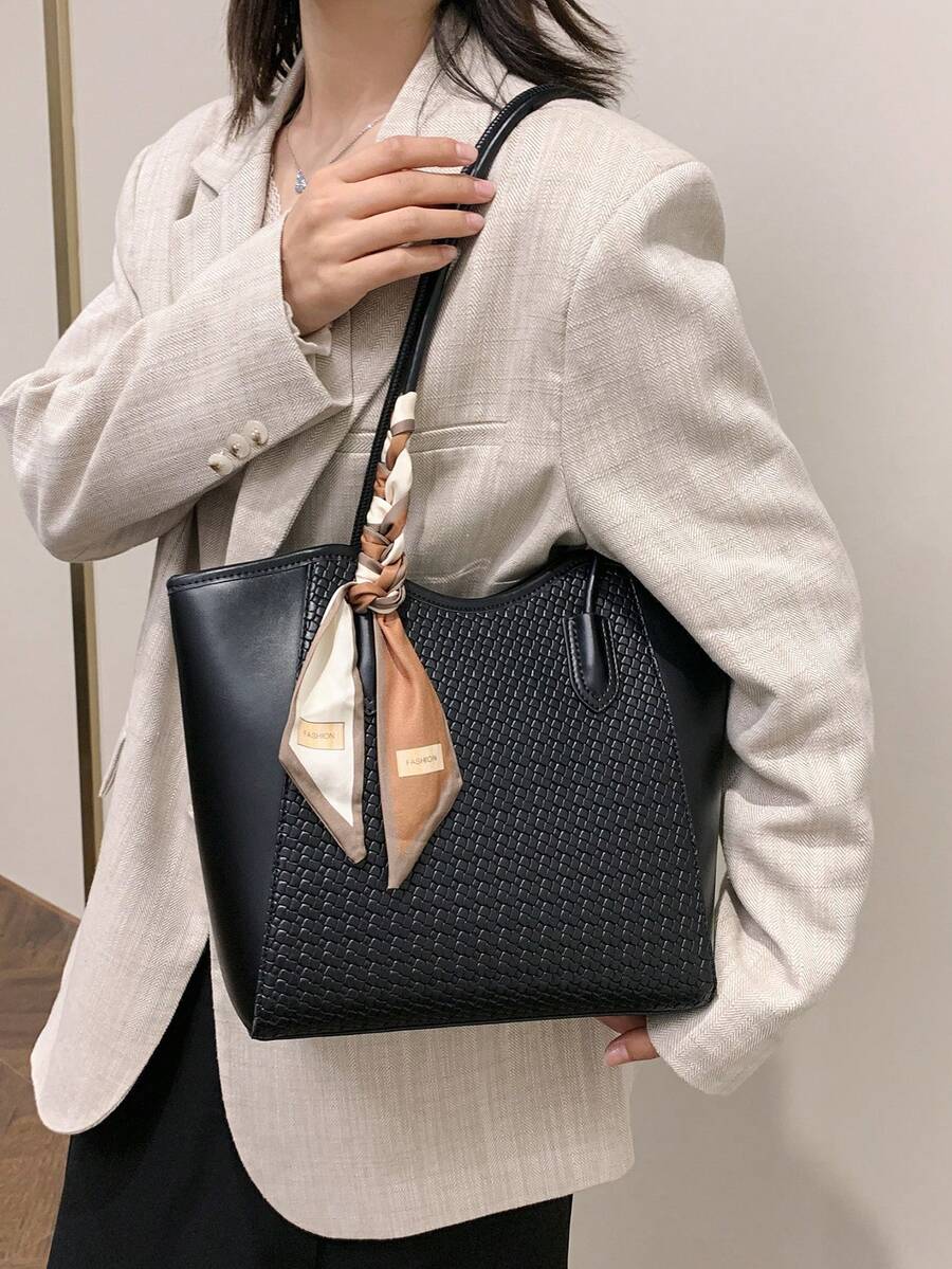 Elegant Tote Bag, Shoulder Bag, Fashionable Crocodile Embossed Charm, Sophisticated Scarf, Business Office, Large Capacity, Coffee Color