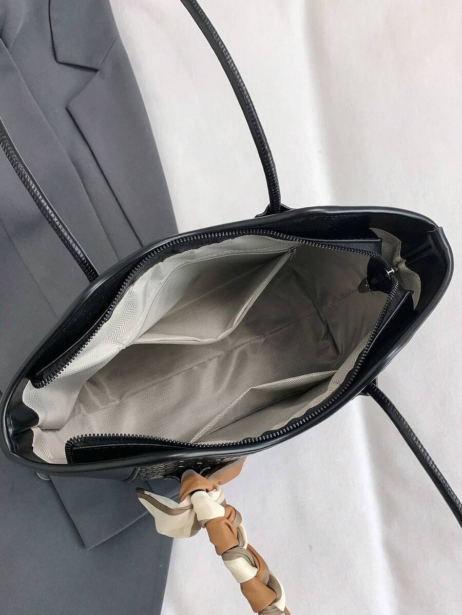 Elegant Tote Bag, Shoulder Bag, Fashionable Crocodile Embossed Charm, Sophisticated Scarf, Business Office, Large Capacity, Coffee Color
