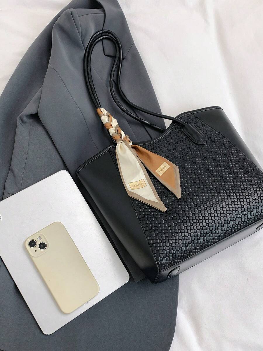 Elegant Tote Bag, Shoulder Bag, Fashionable Crocodile Embossed Charm, Sophisticated Scarf, Business Office, Large Capacity, Coffee Color