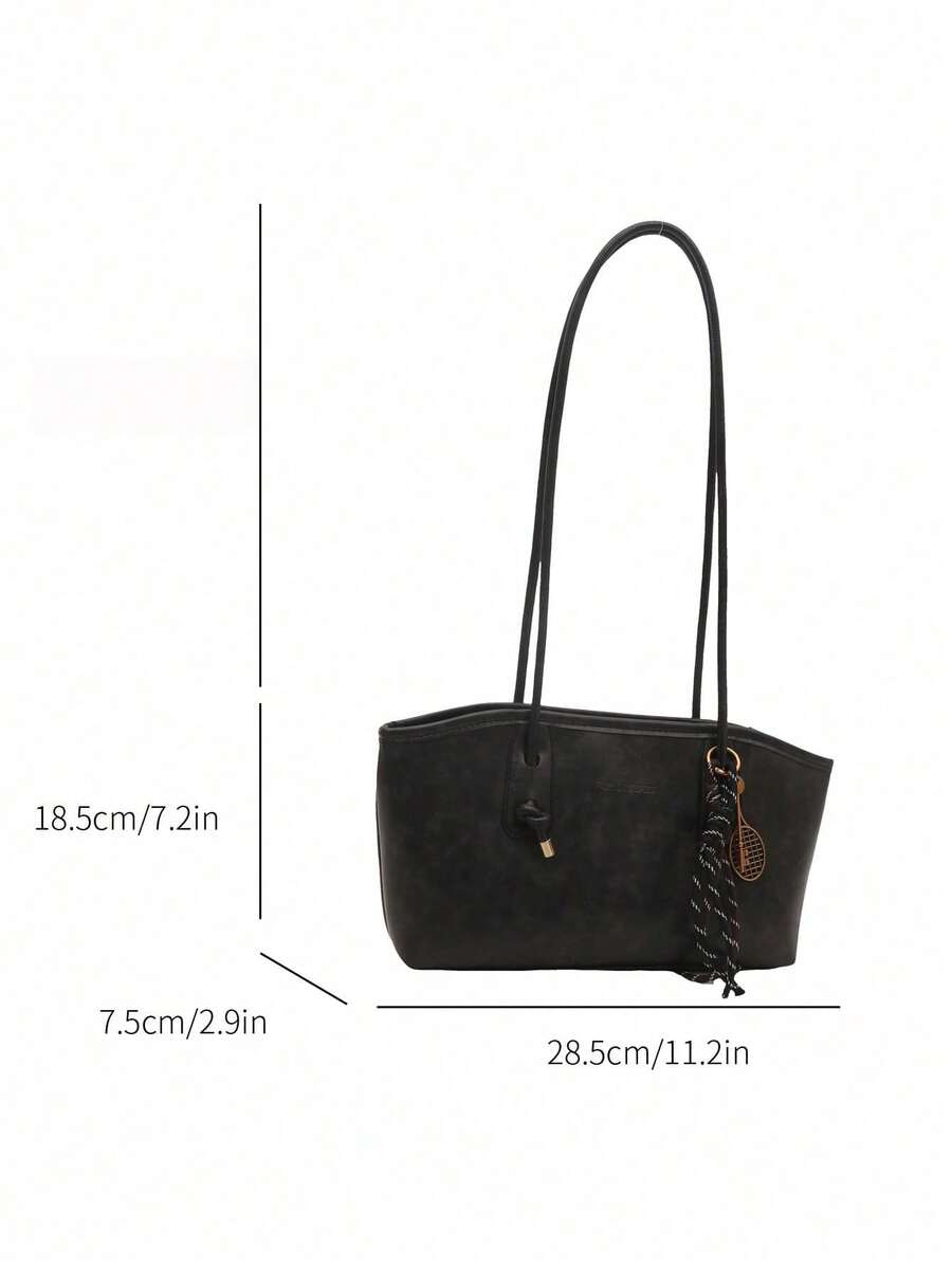 1PC Soft Long Tote Bag With Dual Long Handles, Knot Metal Closure Decoration, Badminton-Shaped Woven Strap Charm, Embossed Letter Logo, Gentle Girl Style Commuter Knot Handbag Design, Convertible Shou