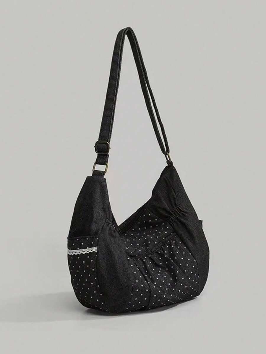 Lace Floral Polka Dot Sweet Campus Shoulder Bag For Girls, Suitable For University Students, Versatile Canvas Tote Bag, Polka Dot