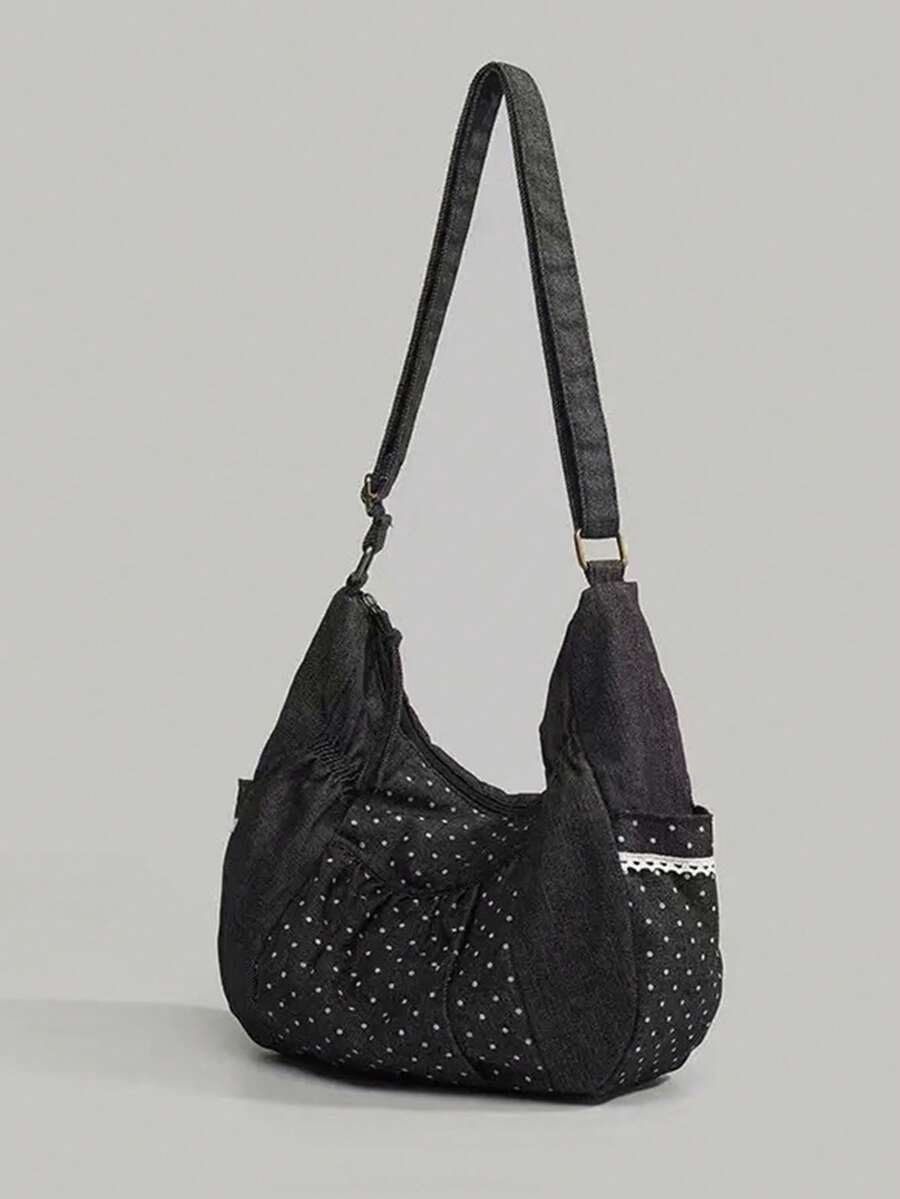 Lace Floral Polka Dot Sweet Campus Shoulder Bag For Girls, Suitable For University Students, Versatile Canvas Tote Bag, Polka Dot