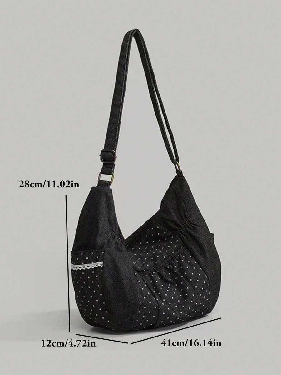 Lace Floral Polka Dot Sweet Campus Shoulder Bag For Girls, Suitable For University Students, Versatile Canvas Tote Bag, Polka Dot