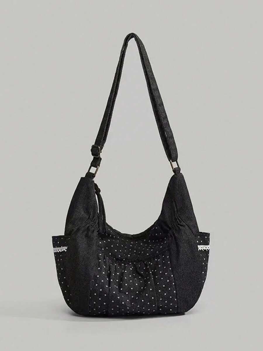 Lace Floral Polka Dot Sweet Campus Shoulder Bag For Girls, Suitable For University Students, Versatile Canvas Tote Bag, Polka Dot