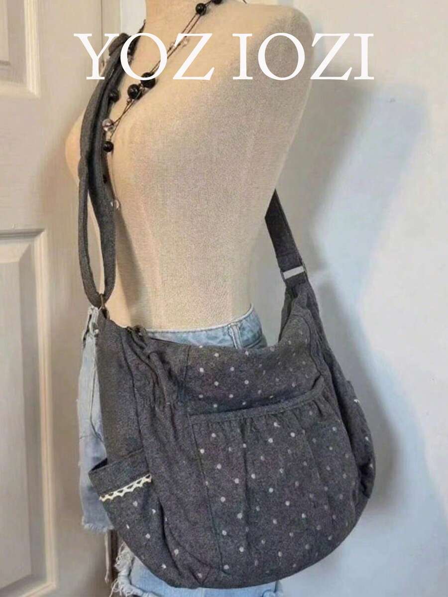 Lace Floral Polka Dot Sweet Campus Shoulder Bag For Girls, Suitable For University Students, Versatile Canvas Tote Bag, Polka Dot