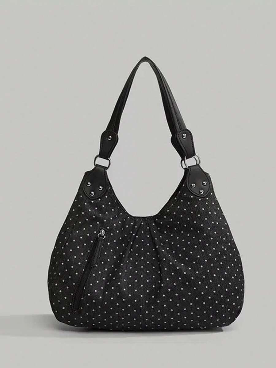 Korean Style Polka Dot Canvas Tote Bag, Large Capacity Foldable Commuter Shoulder Bag For University Students, Polka Dot, Beach
