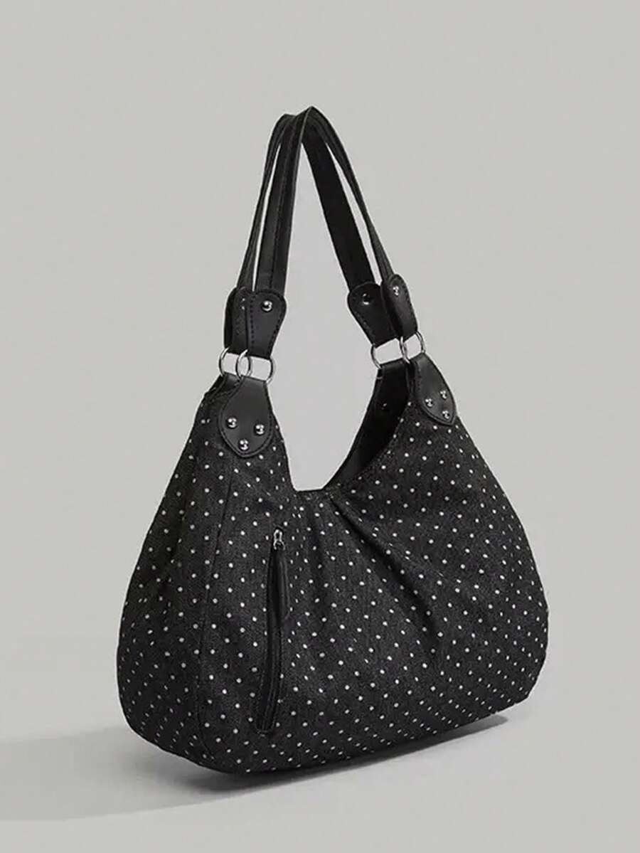 Korean Style Polka Dot Canvas Tote Bag, Large Capacity Foldable Commuter Shoulder Bag For University Students, Polka Dot, Beach