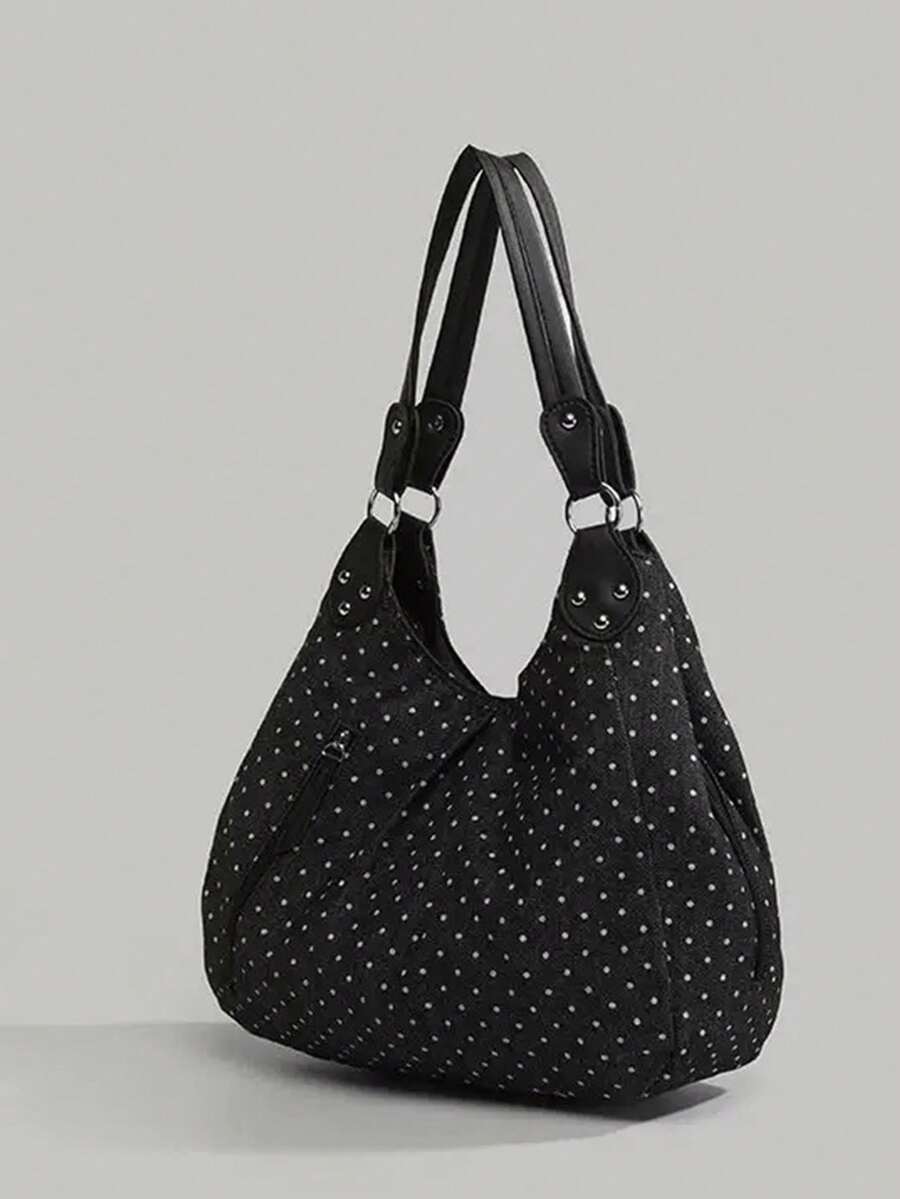 Korean Style Polka Dot Canvas Tote Bag, Large Capacity Foldable Commuter Shoulder Bag For University Students, Polka Dot, Beach