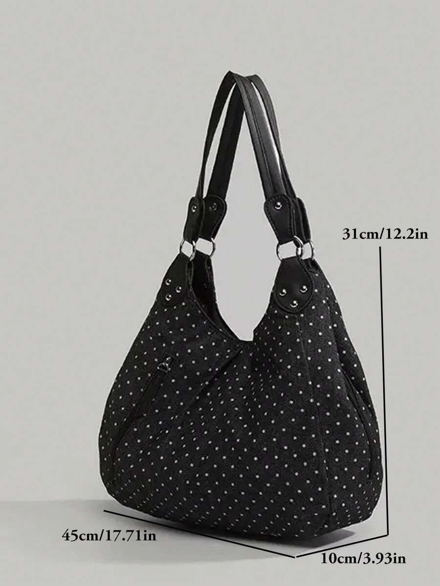 Korean Style Polka Dot Canvas Tote Bag, Large Capacity Foldable Commuter Shoulder Bag For University Students, Polka Dot, Beach