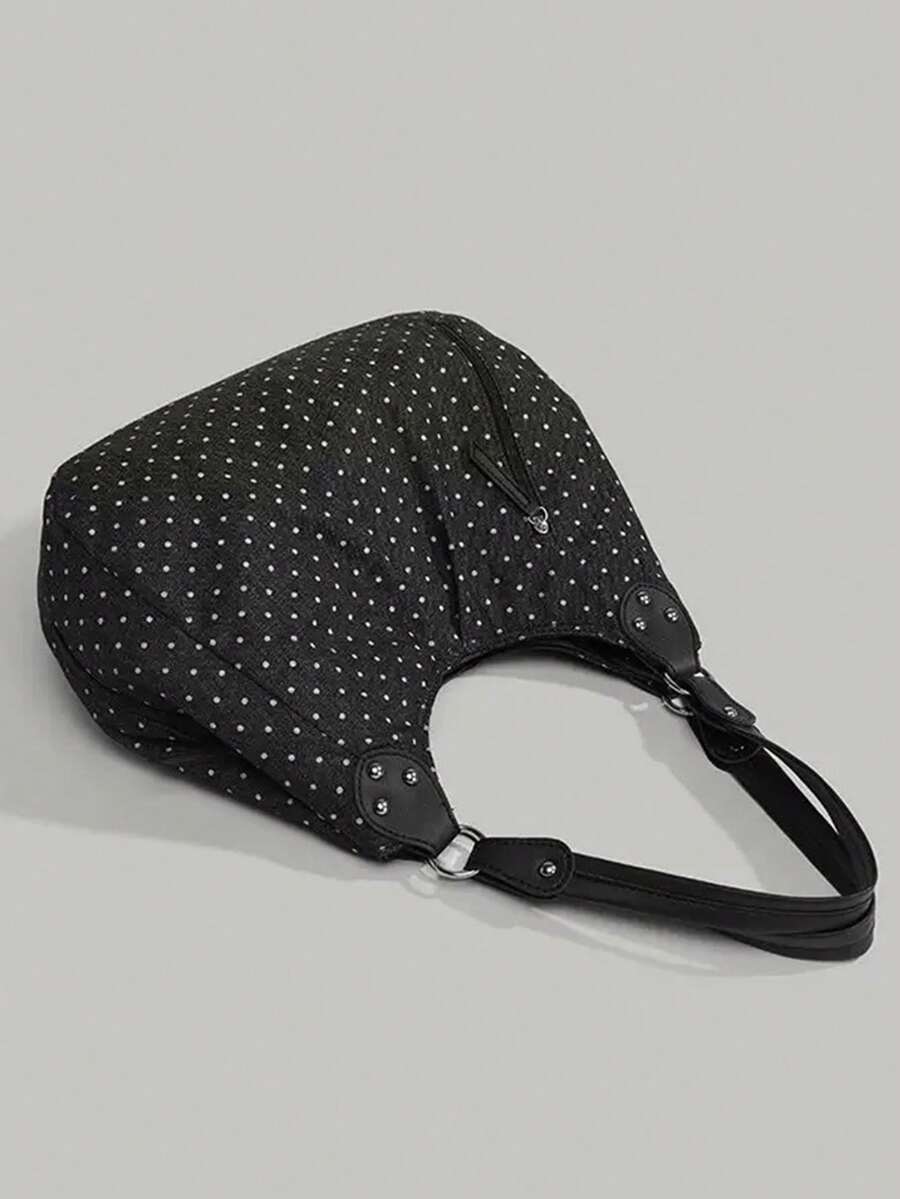 Korean Style Polka Dot Canvas Tote Bag, Large Capacity Foldable Commuter Shoulder Bag For University Students, Polka Dot, Beach