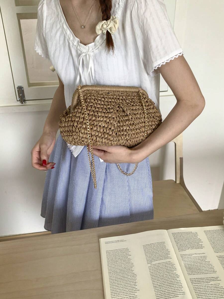 Women's Summer Straw Crossbody Bag, Chain Woven Beach Tote Bag, Handmade Wallet, 1pc Straw Tote Bag, Beach Vacation Bag
