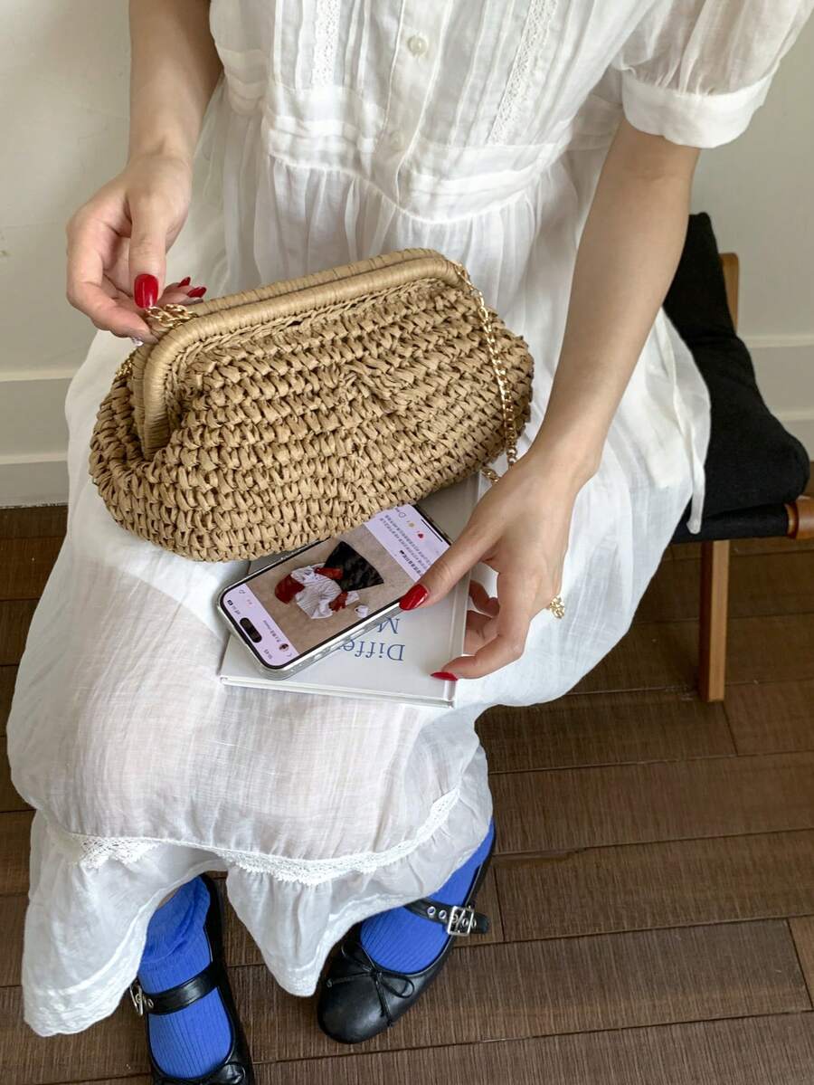 Women's Summer Straw Crossbody Bag, Chain Woven Beach Tote Bag, Handmade Wallet, 1pc Straw Tote Bag, Beach Vacation Bag