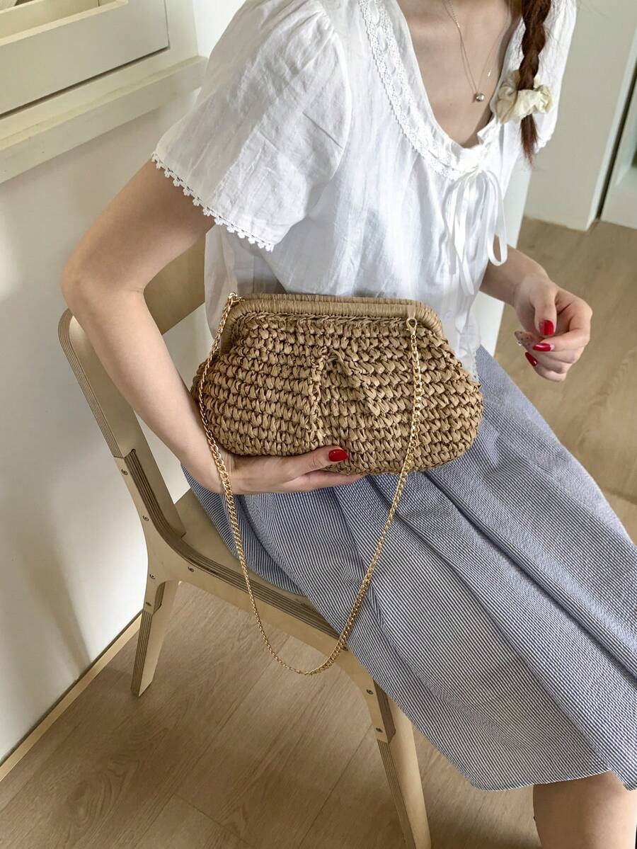 Women's Summer Straw Crossbody Bag, Chain Woven Beach Tote Bag, Handmade Wallet, 1pc Straw Tote Bag, Beach Vacation Bag