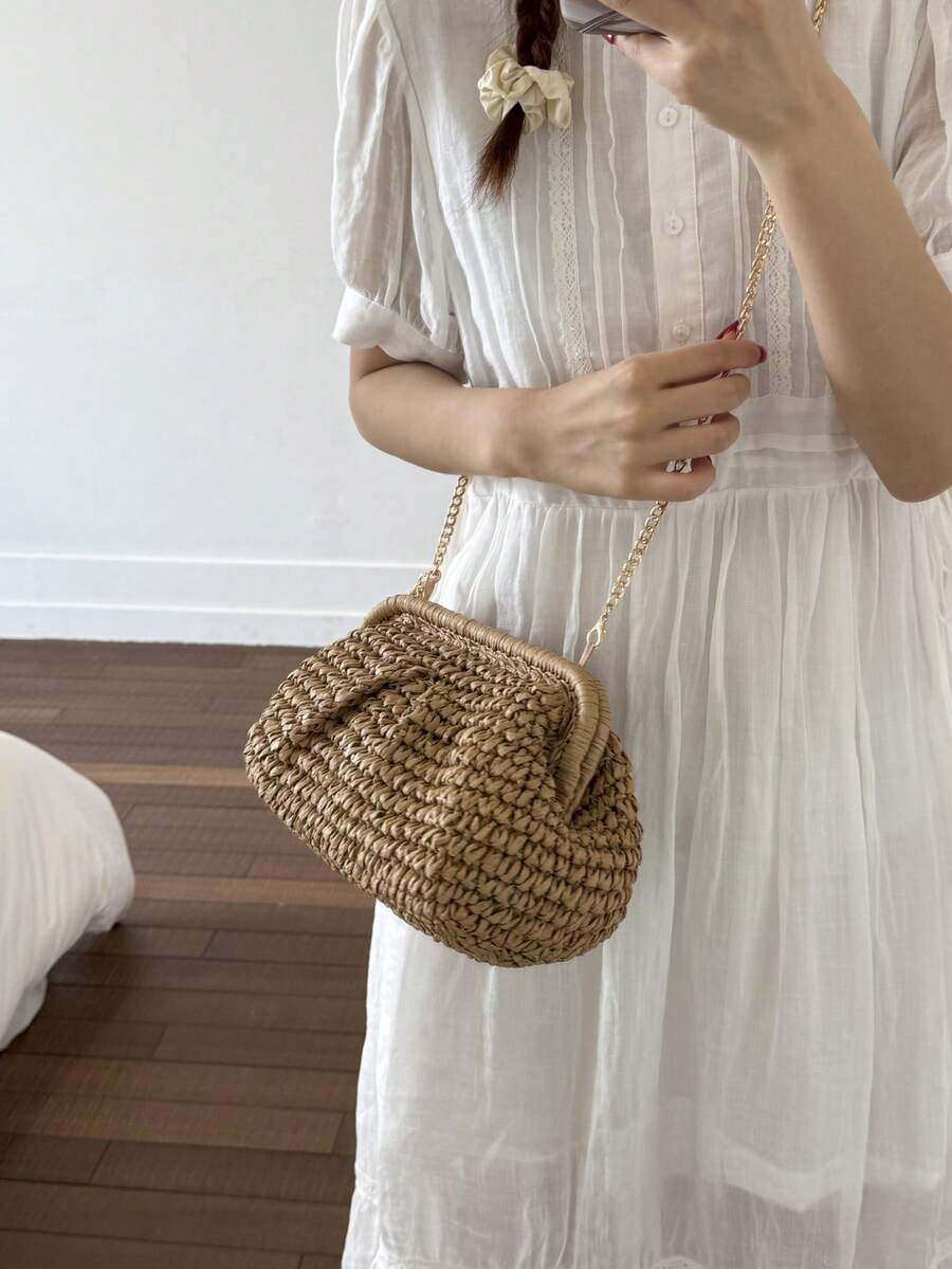 Women's Summer Straw Crossbody Bag, Chain Woven Beach Tote Bag, Handmade Wallet, 1pc Straw Tote Bag, Beach Vacation Bag