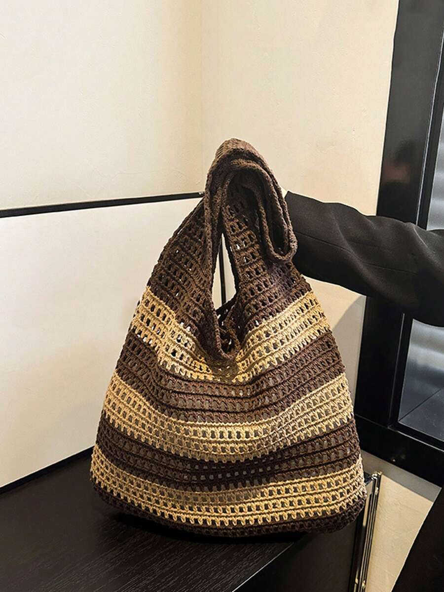 Yogodlns 2024 New Handmade Crochet Woven Tote Bag For Women, Vintage Striped Decor Shoulder Large Capacity Handbag, Perfect For Beach Vacation, Travel, Shopping And Holiday Essential, Eye-Catching Sum