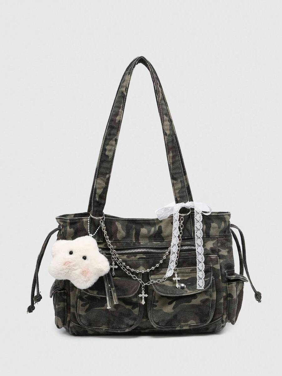 ROMWE Kawaii Women's Large Capacity Multi-Pocket Shoulder Bag Handbag, Vintage Vintage Camouflage, Cross And Heart Pendant Decorative Bow