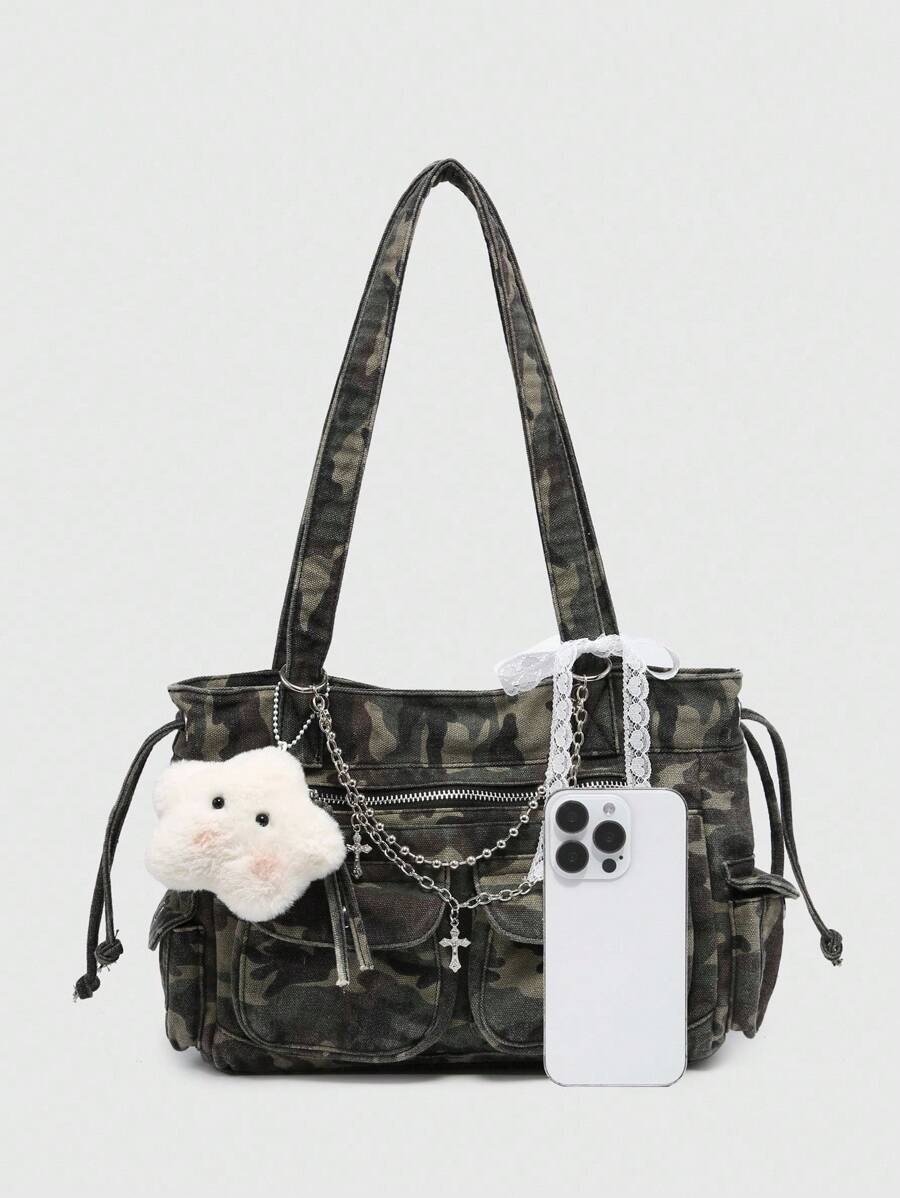 ROMWE Kawaii Women's Large Capacity Multi-Pocket Shoulder Bag Handbag, Vintage Vintage Camouflage, Cross And Heart Pendant Decorative Bow