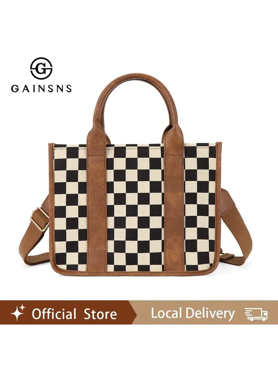 GAINSNS Checkered Mini Tote Bag For Women Shoulder Bags Crossbody Bag Handbag Satchel Bag Teacher Handbag- School Work Office Travel Beach, Chessboard Black And Brown