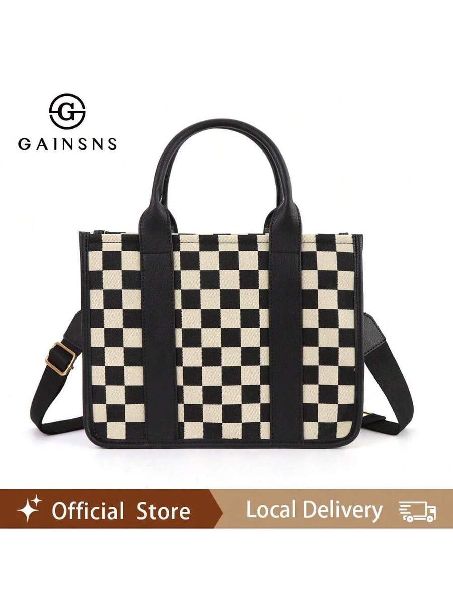 GAINSNS Checkered Mini Tote Bag For Women Shoulder Bags Crossbody Bag Handbag Satchel Bag Teacher Handbag- School Work Office Travel Beach, Chessboard Black And Brown