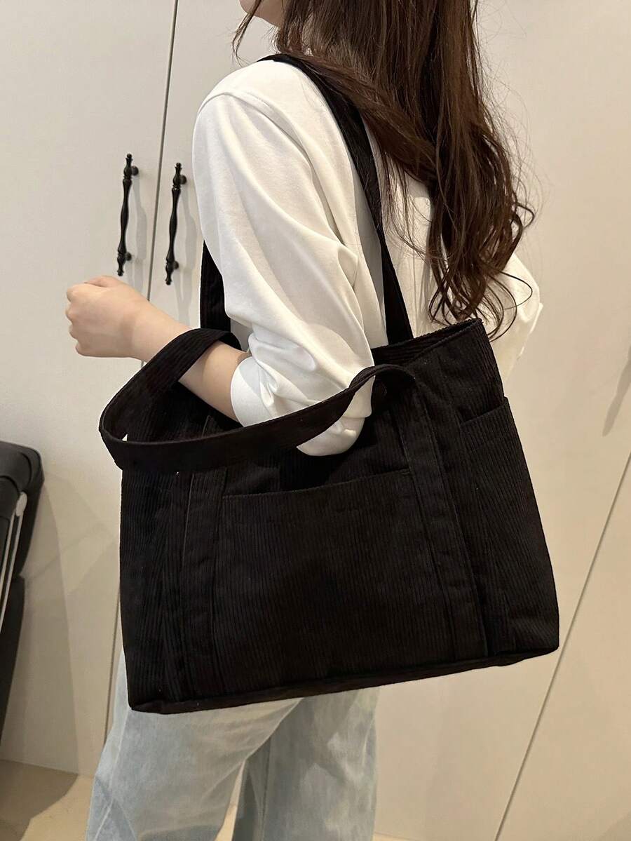 Double Handle Corduroy Shopper Bag, Minimalist Style Women Bag School Bag,Back To School Bag,Large Capacity,Laptop Compartment,Portable, Suitable For Teen Girls Women College Students, Perfect For Bac