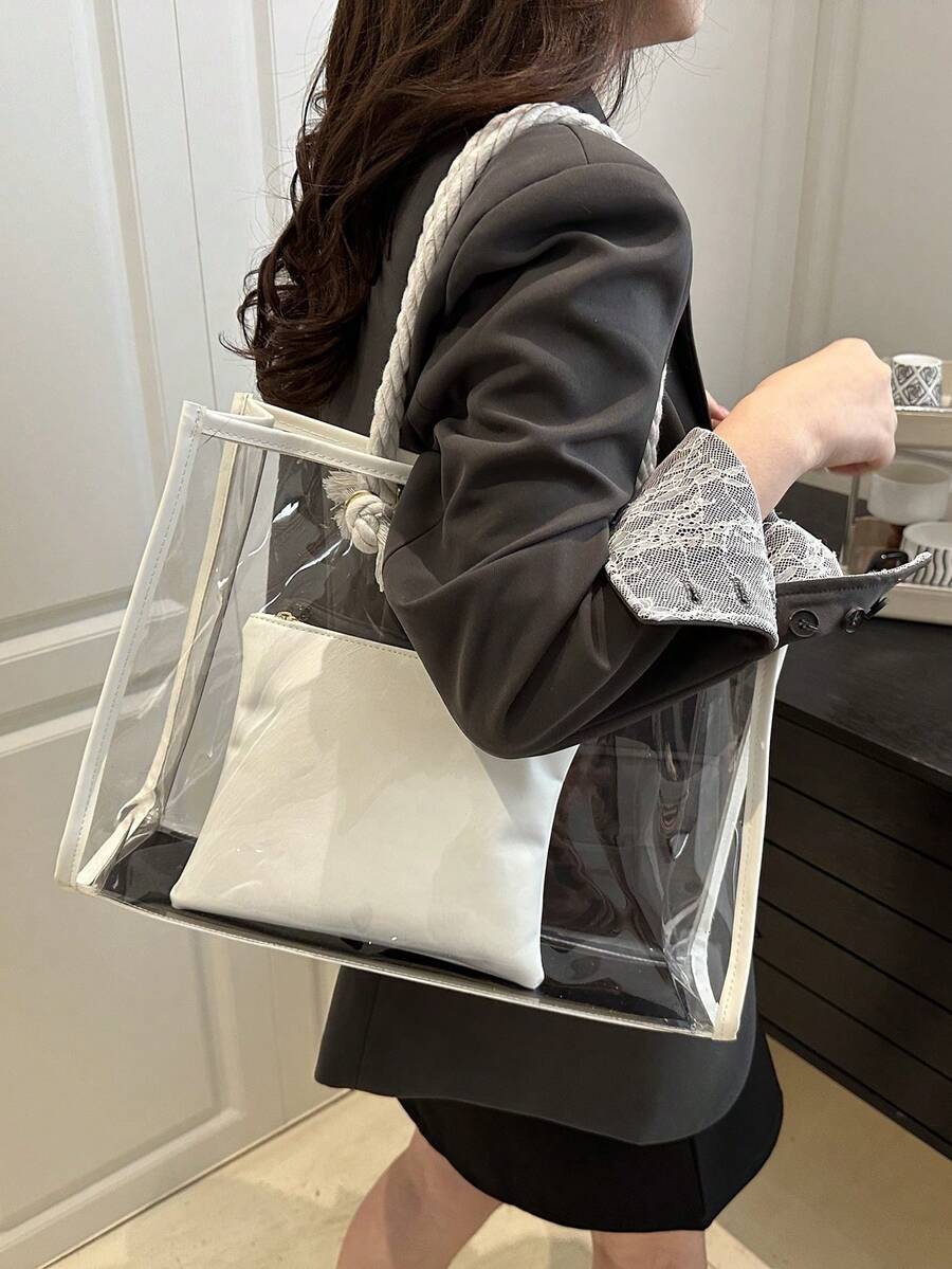 2pcs/Set Fashionable Color Block Transparent Beach Tote Bag For Women