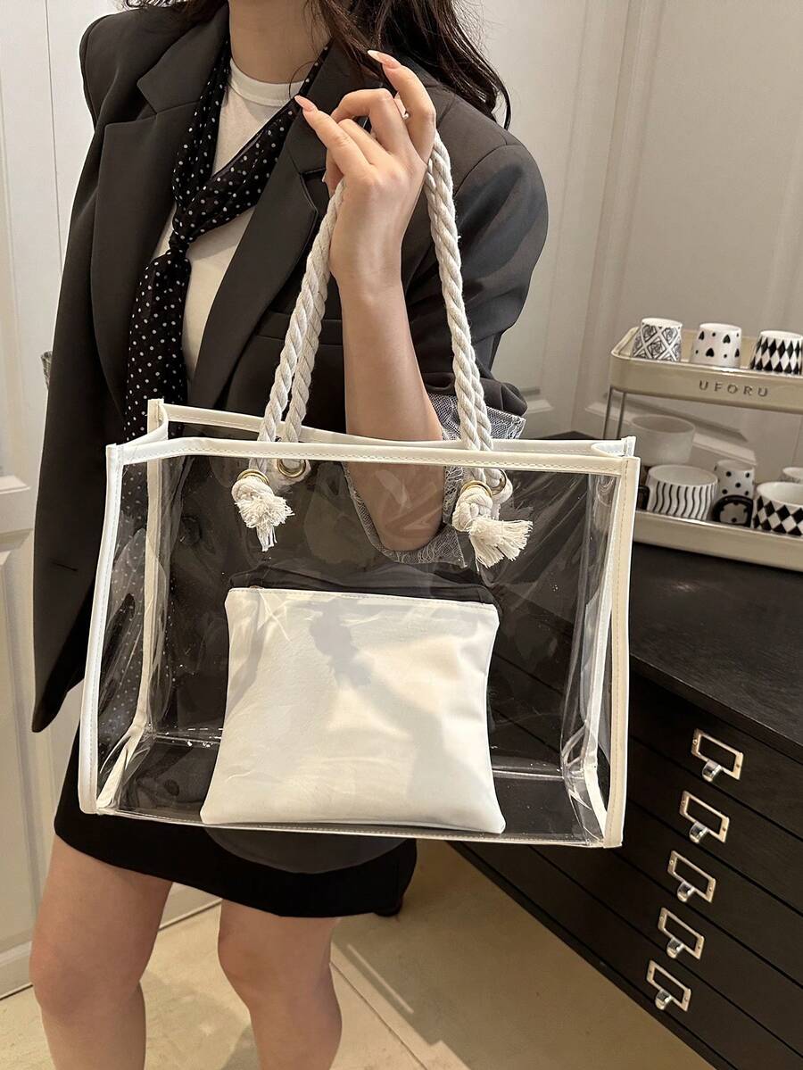 2pcs/Set Fashionable Color Block Transparent Beach Tote Bag For Women