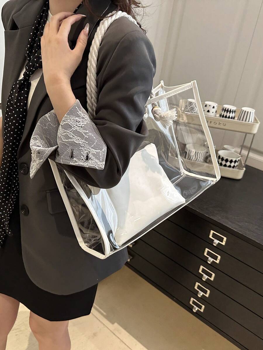 2pcs/Set Fashionable Color Block Transparent Beach Tote Bag For Women