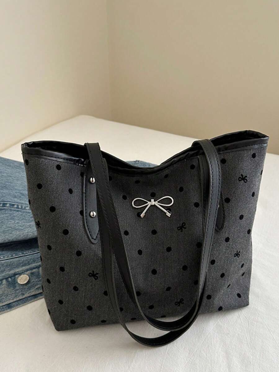 1pc Fashionable Minimalist Large Capacity Tote Bag With Bow Decor, Zipper Closure, Lightweight Solid Color, Dual Handle And Shoulder Strap, Suitable For Women's Daily Life, Casual, Commute, Work And S