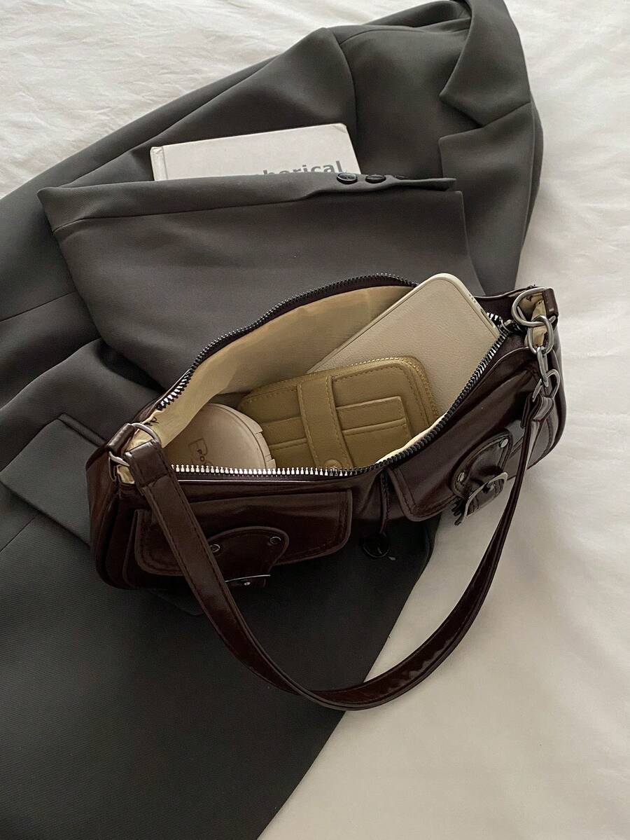 New Fashion Double Pocket Decor Handbag Tote Shoulder Bag, Suitable For Parties, Outings, Vacations, Shopping And Daily Use, Can Store Coins, Phones, Also Suitable As A Work Bag For White-Collar, Coll