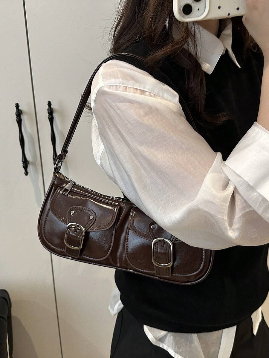 New Fashion Double Pocket Decor Handbag Tote Shoulder Bag, Suitable For Parties, Outings, Vacations, Shopping And Daily Use, Can Store Coins, Phones, Also Suitable As A Work Bag For White-Collar, Coll