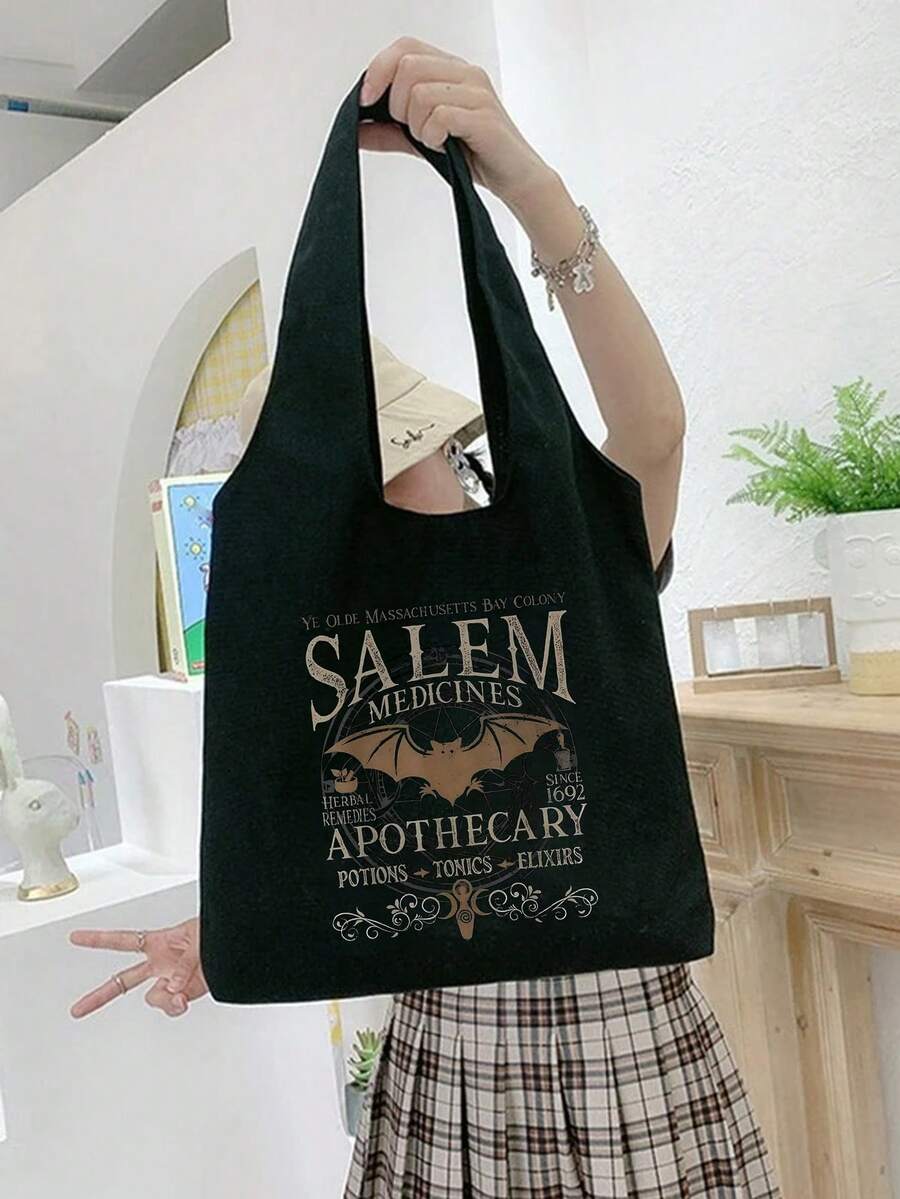 2026 Fashion Women's Handbag With Letter, Book, Cat And Pumpkin Pattern, Y2K Style Shoulder Bag, Portable Shopping Tote, Halloween Gift, Reading Week Gift, Minimalist Travel Organizer, Multifunctional