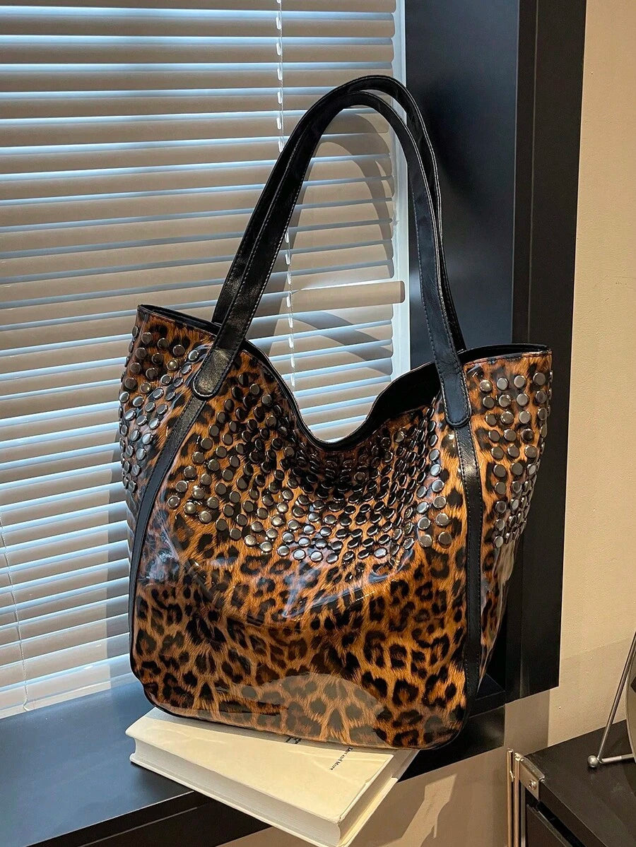 Dedoo Multifunctional Tote Bookbag, Rivet Decorated Glossy Textured Crossbody Bag, Large Capacity Women's Shoulder Bag, Perfect For College Campus