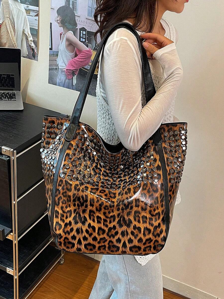 Dedoo Multifunctional Tote Bookbag, Rivet Decorated Glossy Textured Crossbody Bag, Large Capacity Women's Shoulder Bag, Perfect For College Campus