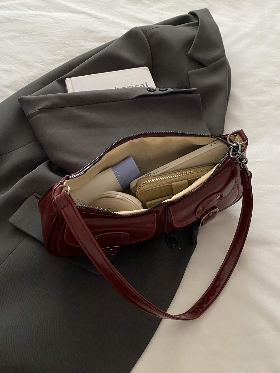 New Fashion Double Pocket Decor Handbag Tote Shoulder Bag, Suitable For Parties, Outings, Vacations, Shopping And Daily Use, Can Store Coins, Phones, Also Suitable As A Work Bag For White-Collar, Coll