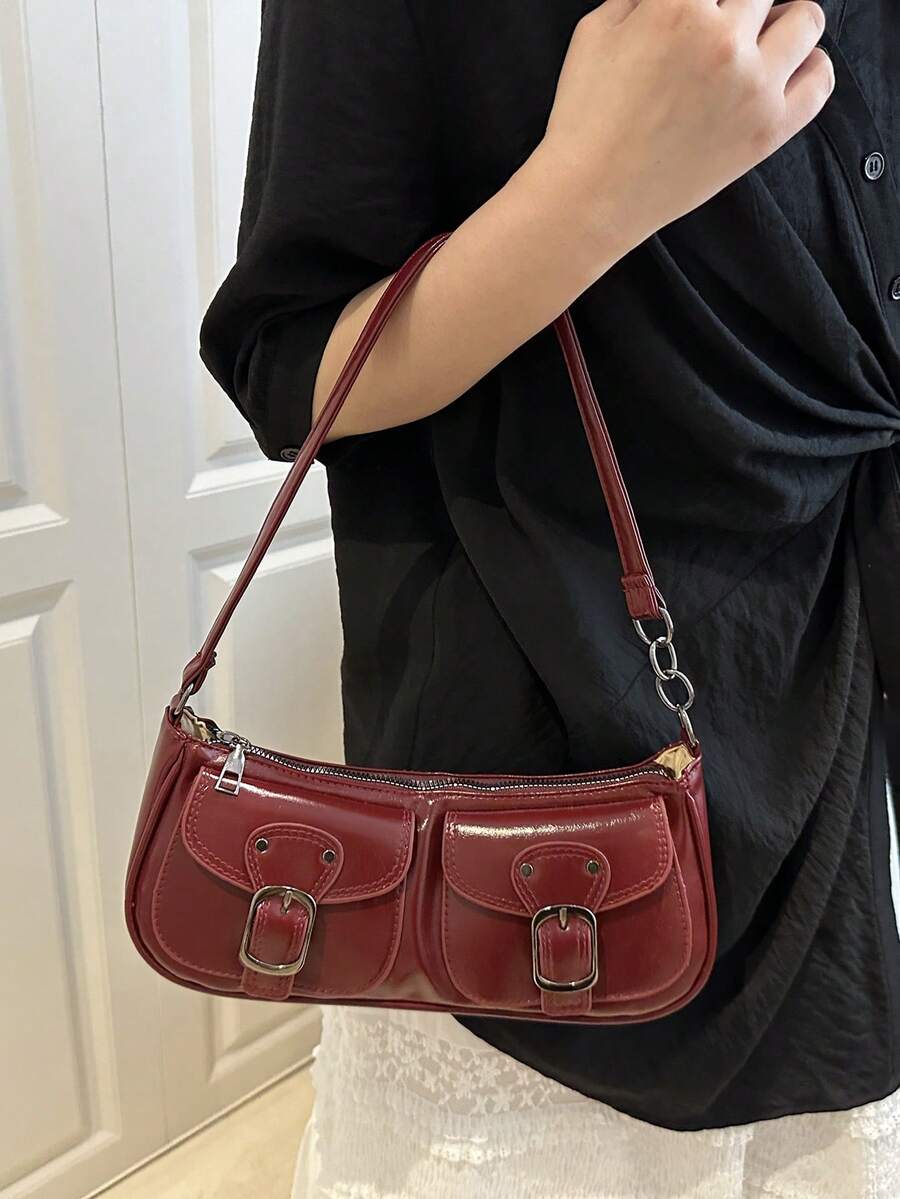 New Fashion Double Pocket Decor Handbag Tote Shoulder Bag, Suitable For Parties, Outings, Vacations, Shopping And Daily Use, Can Store Coins, Phones, Also Suitable As A Work Bag For White-Collar, Coll