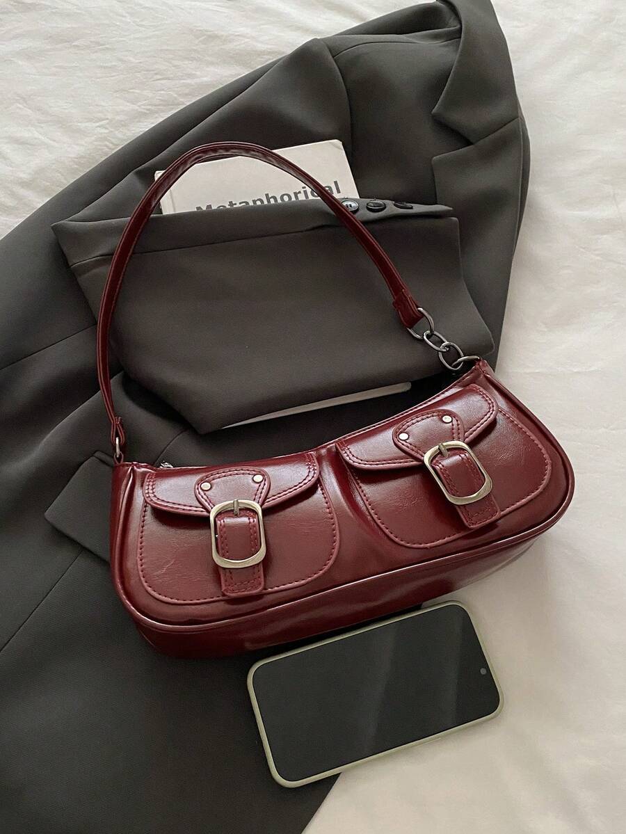 New Fashion Double Pocket Decor Handbag Tote Shoulder Bag, Suitable For Parties, Outings, Vacations, Shopping And Daily Use, Can Store Coins, Phones, Also Suitable As A Work Bag For White-Collar, Coll
