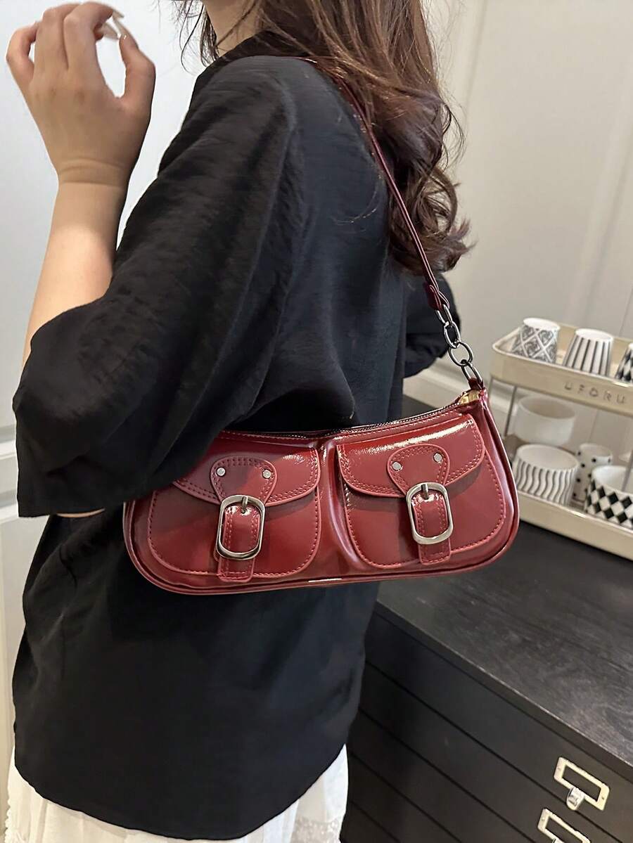 New Fashion Double Pocket Decor Handbag Tote Shoulder Bag, Suitable For Parties, Outings, Vacations, Shopping And Daily Use, Can Store Coins, Phones, Also Suitable As A Work Bag For White-Collar, Coll