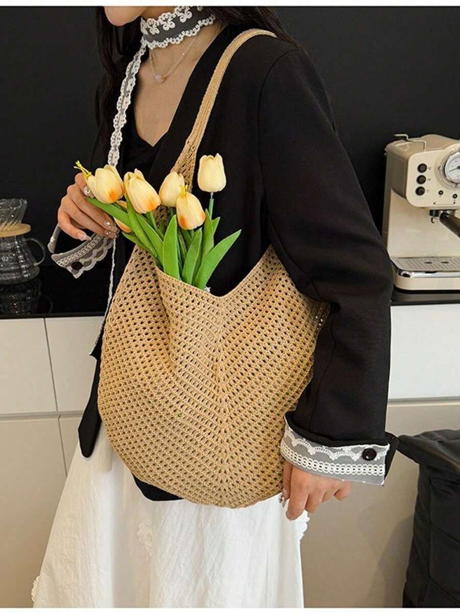 Women's Spring Beach Bag, Crochet Tote Bag, Large Capacity Fashion Shoulder Bag, Travel Essential, Suitable For Students And Working Women.